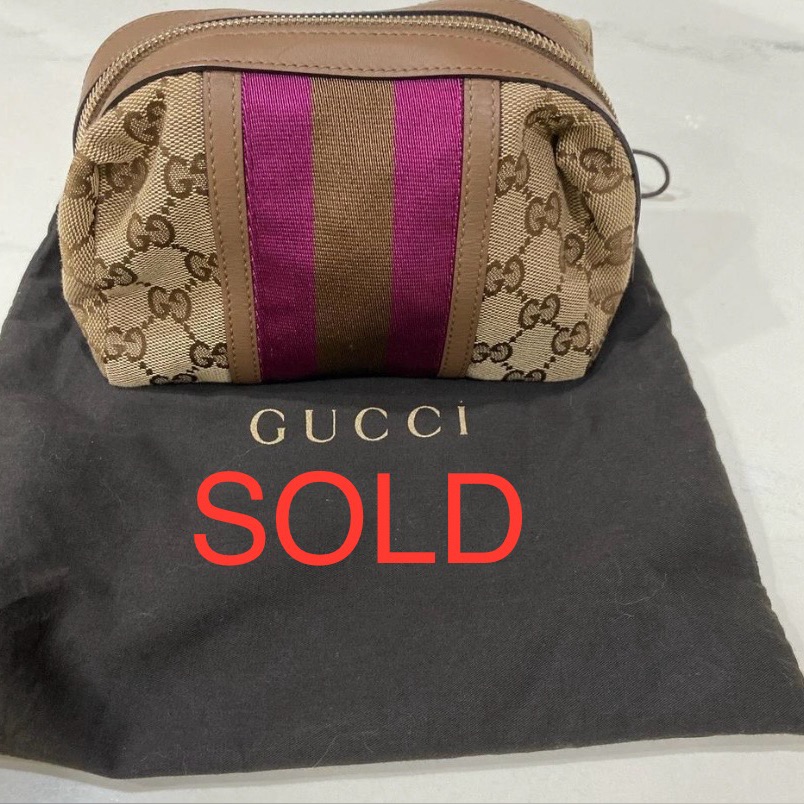 Gucci Beige Canvas Pouch With Pink And Brown Stripes